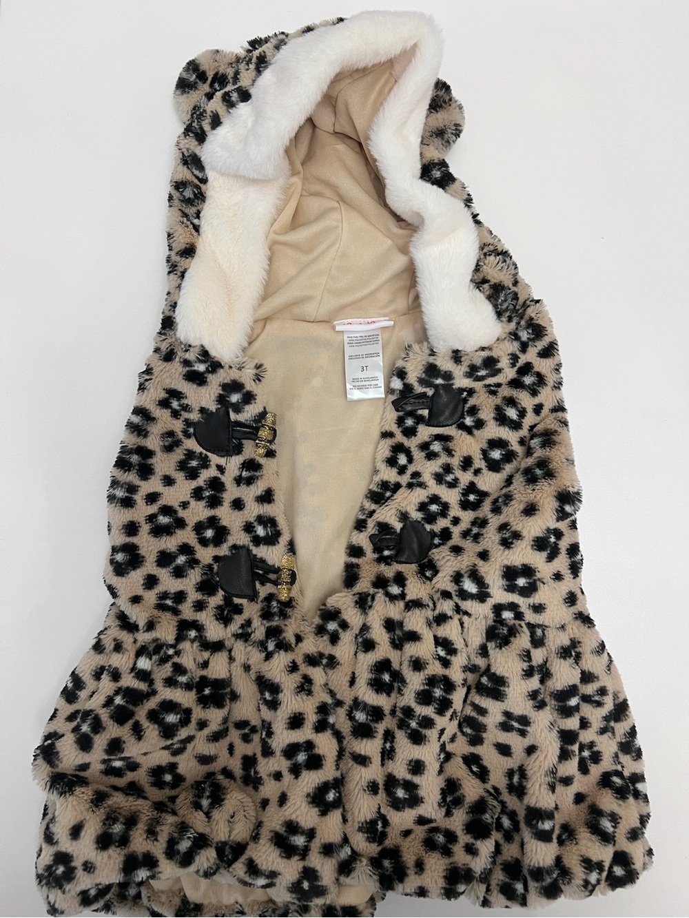Little Lass Leopard Faux Fur Hooded Toggle Coat - Beige/Black/White